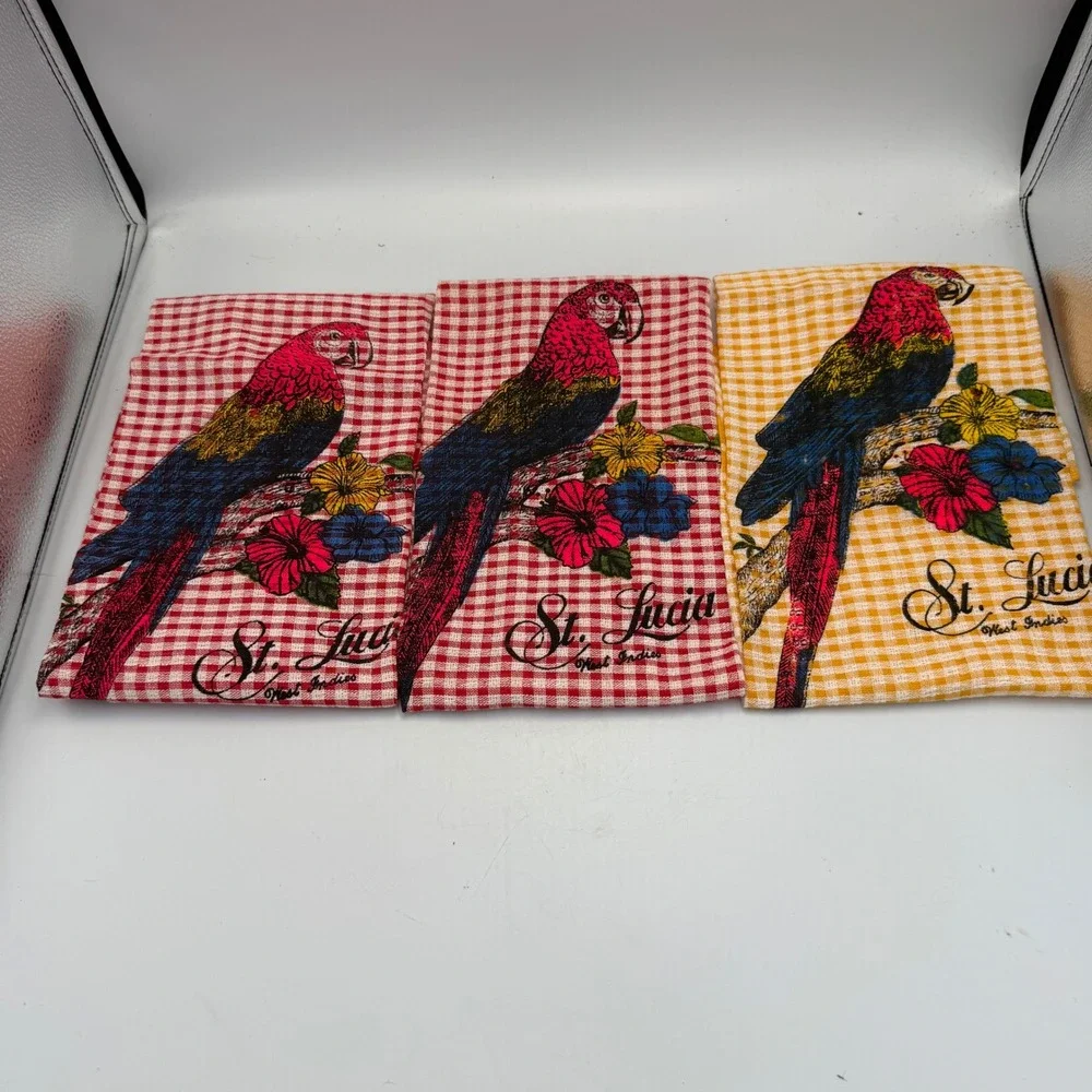 Vintage 60s 70s St Lucia West Indies Tea Towels Set of 3 Crisp Gingham NWOT